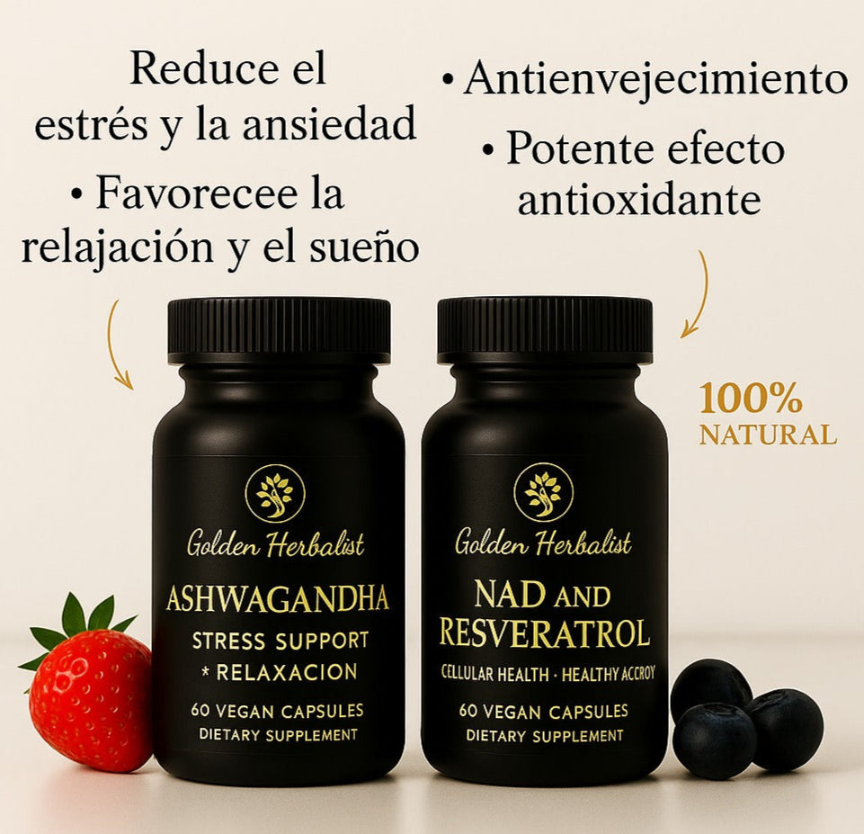 Eleva tu bienestar con el combo NAD + RESVERATROL Y ASHAWANDA